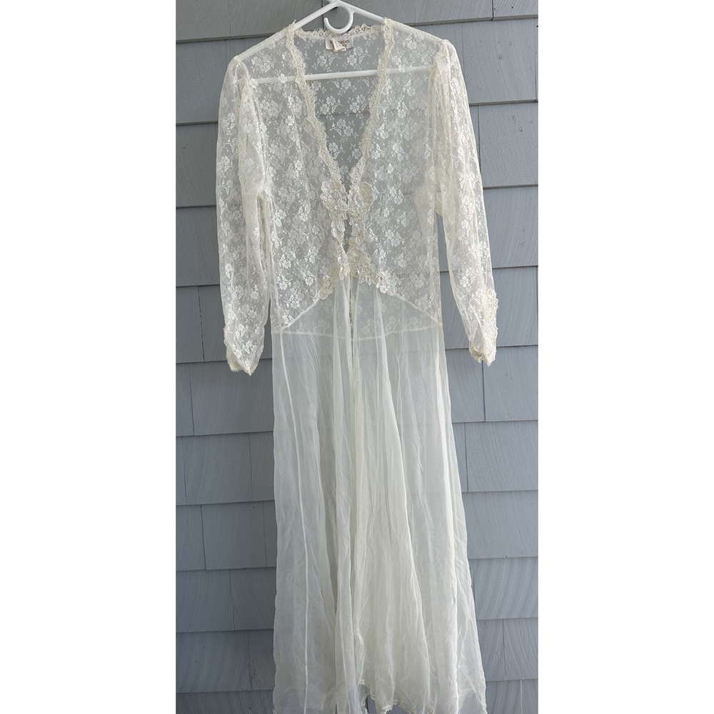 Vintage Victoria's Secret Gold Label Lace Sheer Robe Peignoir Medium Ivory USA